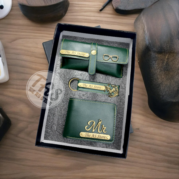AS-Store-Name-Engraved-Combo-Set-of-3-Eyewear-Keychain-Wallet-Green