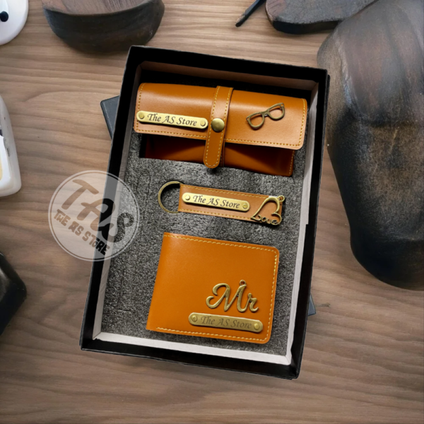 AS-Store-Name-Engraved-Combo-Set-of-3-Eyewear-Keychain-Wallet-Tan