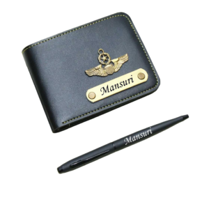 the AS Store Customized Name Wallet and Pen Combo for Men with Personalized 12 Font Name and 38 Charm Gift for Your Loved Once - Black