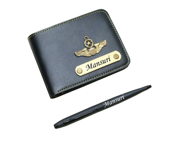 the AS Store Customized Name Wallet and Pen Combo for Men with Personalized 12 Font Name and 38 Charm Gift for Your Loved Once - Black