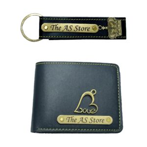 the AS Store Customized Name Wallet and Keychain Combo for Men with Personalized 12 Font Name and 38 Charm Gift for Your Loved Once - Black