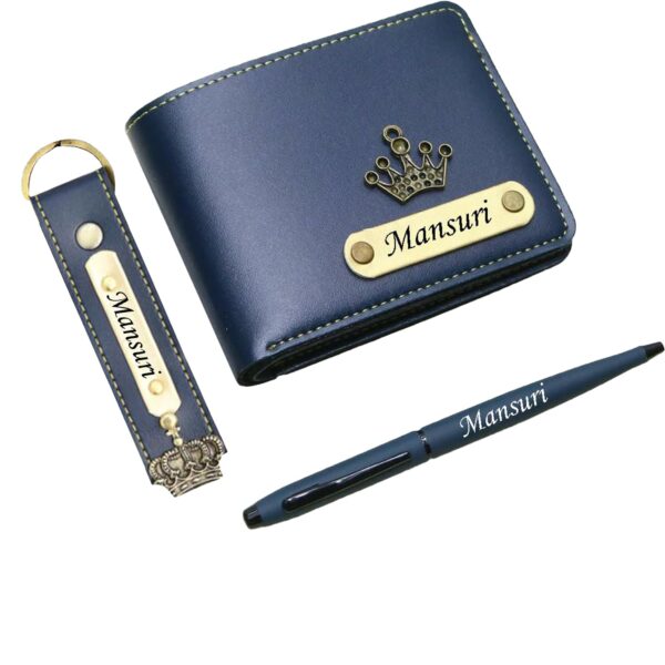 Customized Wallet, keychain and Pen Combo Set For Men - Blue