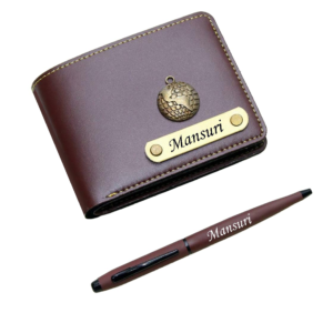 the AS Store Customized Name Wallet and Pen Combo for Men with Personalized 12 Font Name and 38 Charm Gift for Your Loved Once - Brown