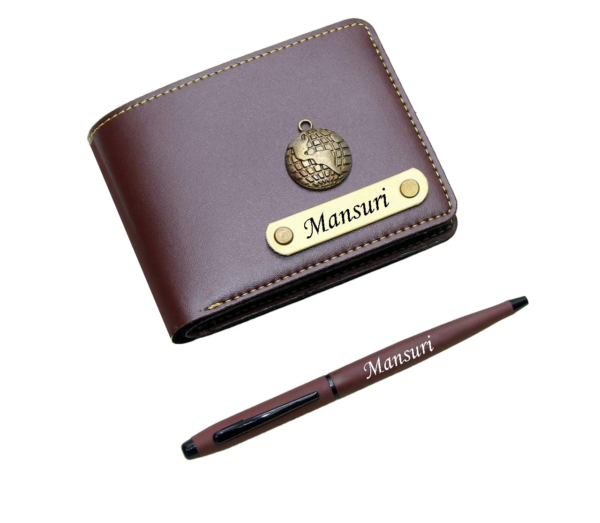 the AS Store Customized Name Wallet and Pen Combo for Men with Personalized 12 Font Name and 38 Charm Gift for Your Loved Once - Brown
