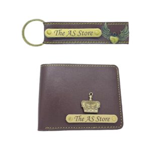 the AS Store Customized Name Wallet and Keychain Combo for Men with Personalized 12 Font Name and 38 Charm Gift for Your Loved Once - Brown