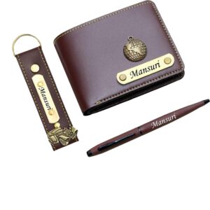 Customized Wallet, Keychain and Pen Combo Set For Mens - Brown