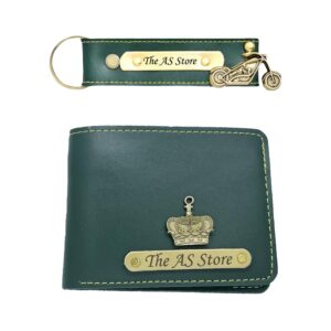 the AS Store Customized Name Wallet and Keychain Combo for Men with Personalized 12 Font Name and 38 Charm Gift for Your Loved Once - Green