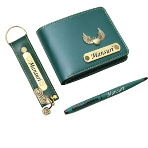 Customized Wallet, keychain and Pen Combo Set For Men - Green