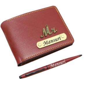 the AS Store Customized Name Wallet and Pen Combo for Men with Personalized 12 Font Name and 38 Charm Gift for Your Loved Once - Maroon