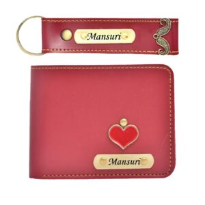 the AS Store Customized Name Wallet and Keychain Combo for Men with Personalized 12 Font Name and 38 Charm Gift for Your Loved Once - Maroon