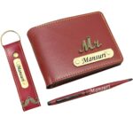 Customized Wallet, Keychain and Pen Combo Set For Men - Maroon