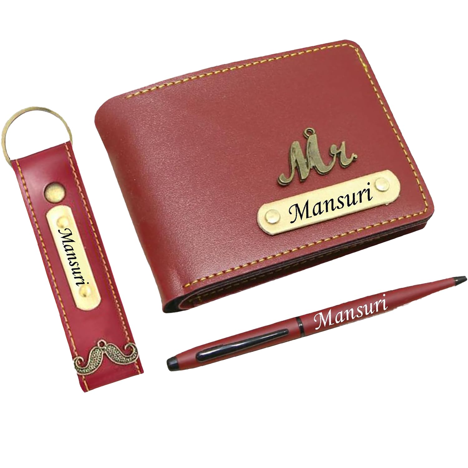 Customized Wallet, Keychain and Pen Combo Set For Men - Maroon