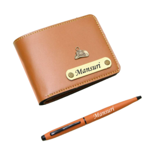 the AS Store Customized Name Wallet and Pen Combo for Men with Personalized 12 Font Name and 38 Charm Gift for Your Loved Once - Tan