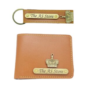the AS Store Customized Name Wallet and Keychain Combo for Men with Personalized 12 Font Name and 38 Charm Gift for Your Loved Once - Tan